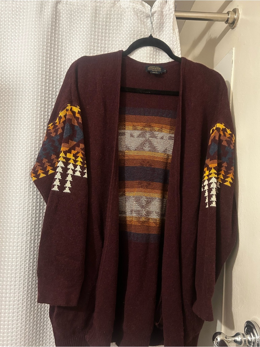 Pendleton Maroon Open-Front Southwestern Knit Cardigan